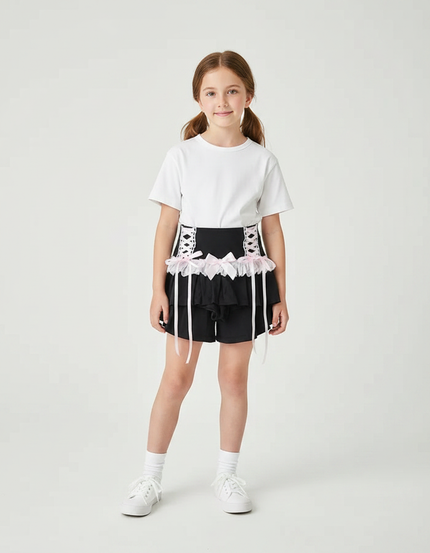 Pantalon Jupe Noir Dentelle Rose Nœuds Lolita - Polyester