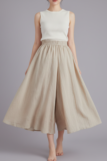 Pantalon Jupe Ample Lin Coton Beige Fluide Décontracté