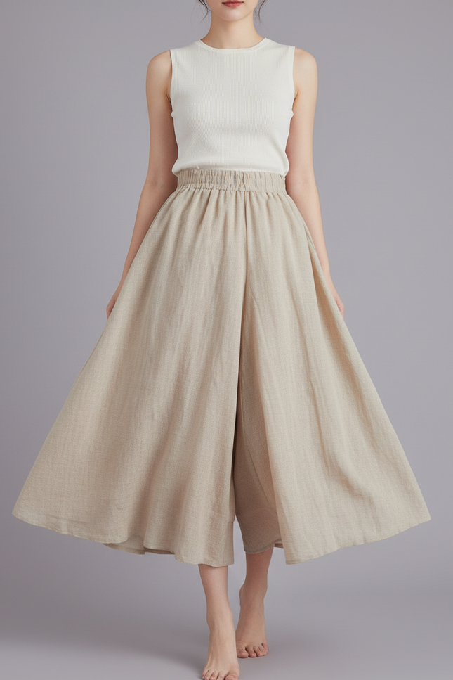 Pantalon Jupe Ample Lin Coton Beige Fluide Décontracté