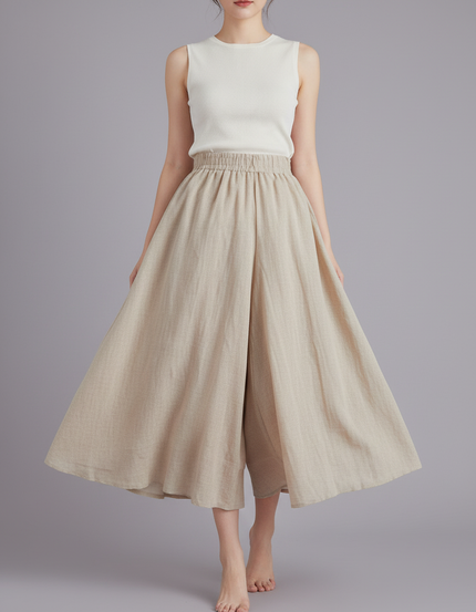 Pantalon Jupe Ample Lin Coton Beige Fluide Décontracté