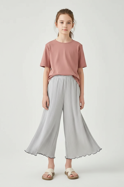 Pantalon Jupe Gris Plissé Ondulé Ample Fille - Polyester