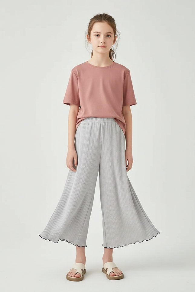 Pantalon Jupe Gris Plissé Ondulé Ample Fille - Polyester