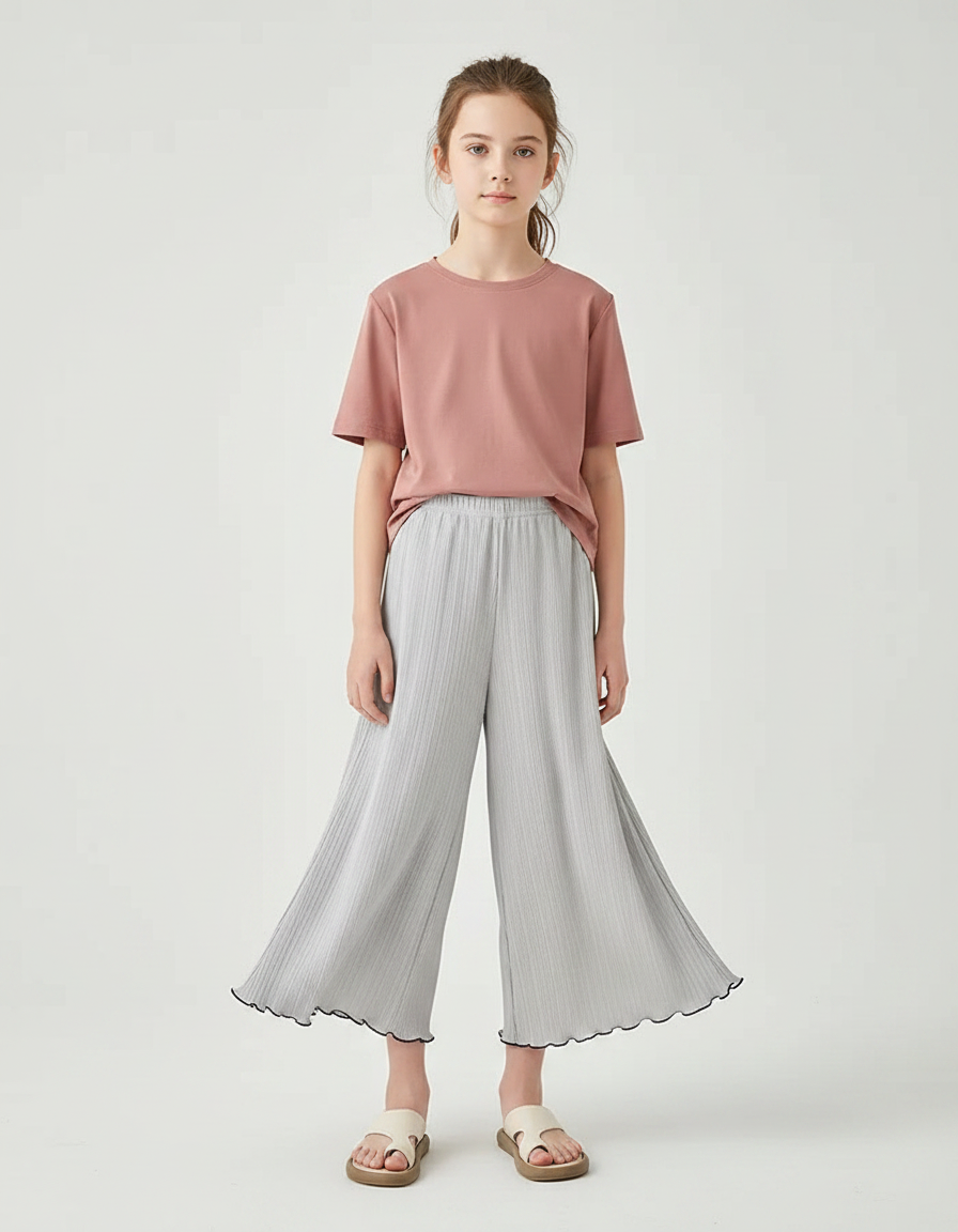Pantalon Jupe Gris Plissé Ondulé Ample Fille - Polyester