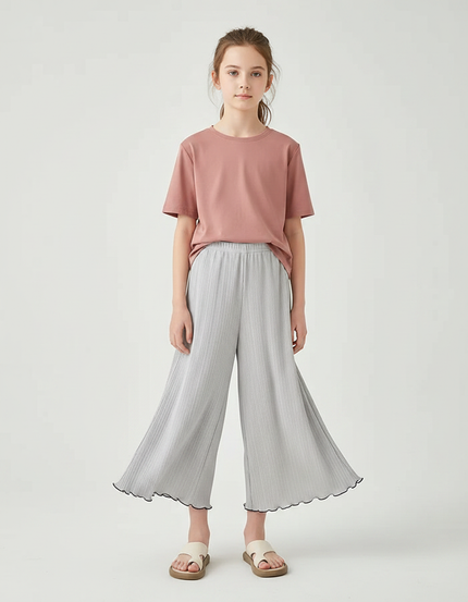 Pantalon Jupe Gris Plissé Ondulé Ample Fille - Polyester
