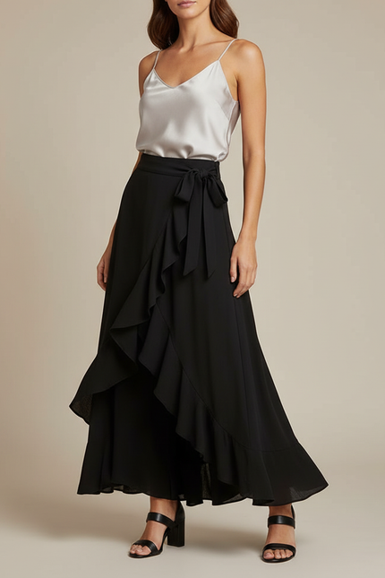 Pantalon Jupe Noir Fluide Volants Asymétrique Élégant - Viscose