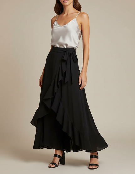 Pantalon Jupe Noir Fluide Volants Asymétrique Élégant - Viscose