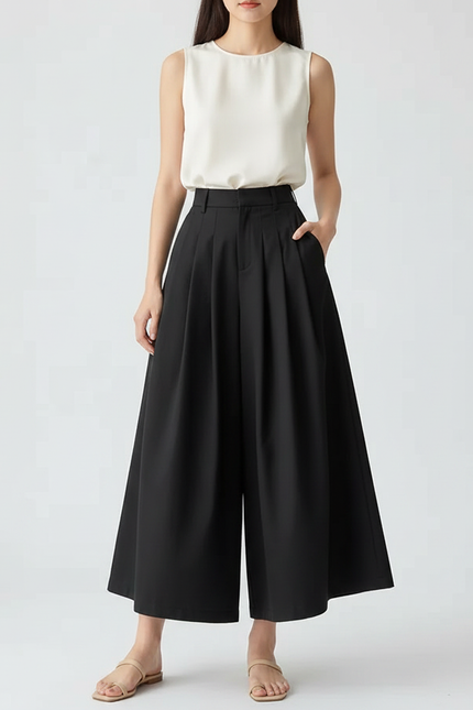 Pantalon Jupe Noir Plissé Ample Taille Haute Élégant - Polyester