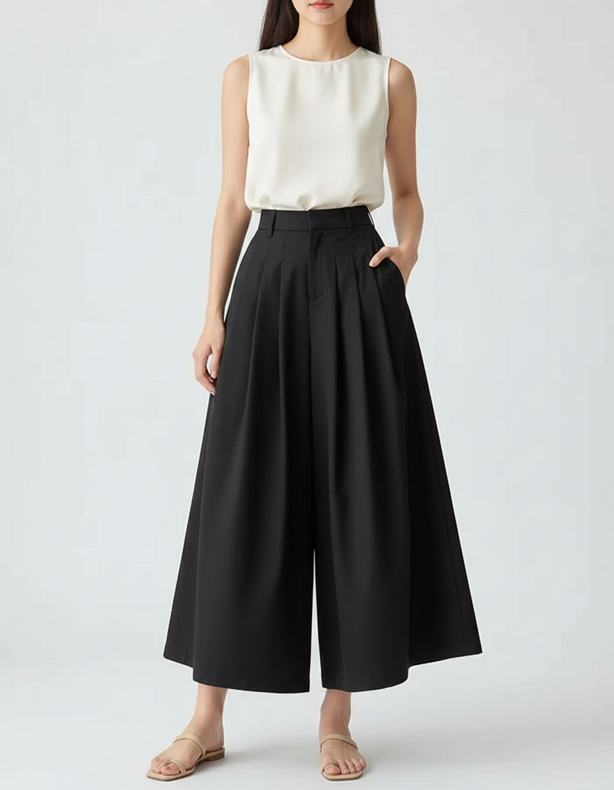 Pantalon Jupe Noir Plissé Ample Taille Haute Élégant - Polyester