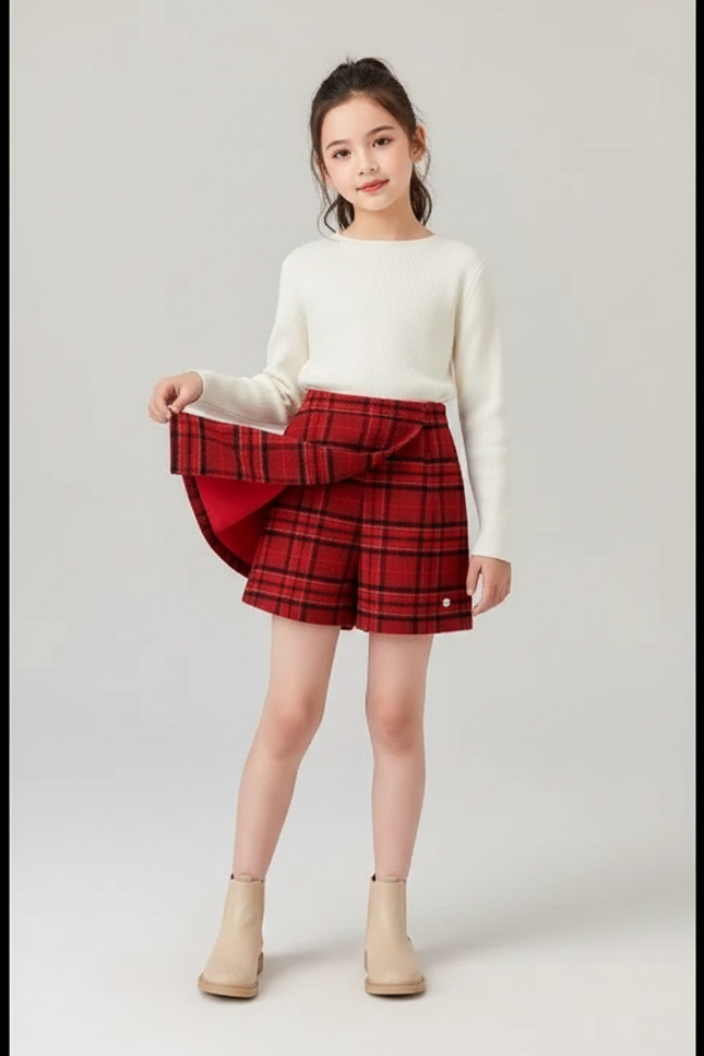 Pantalon Jupe Écossais Rouge Fille Hiver Élégant - Laine