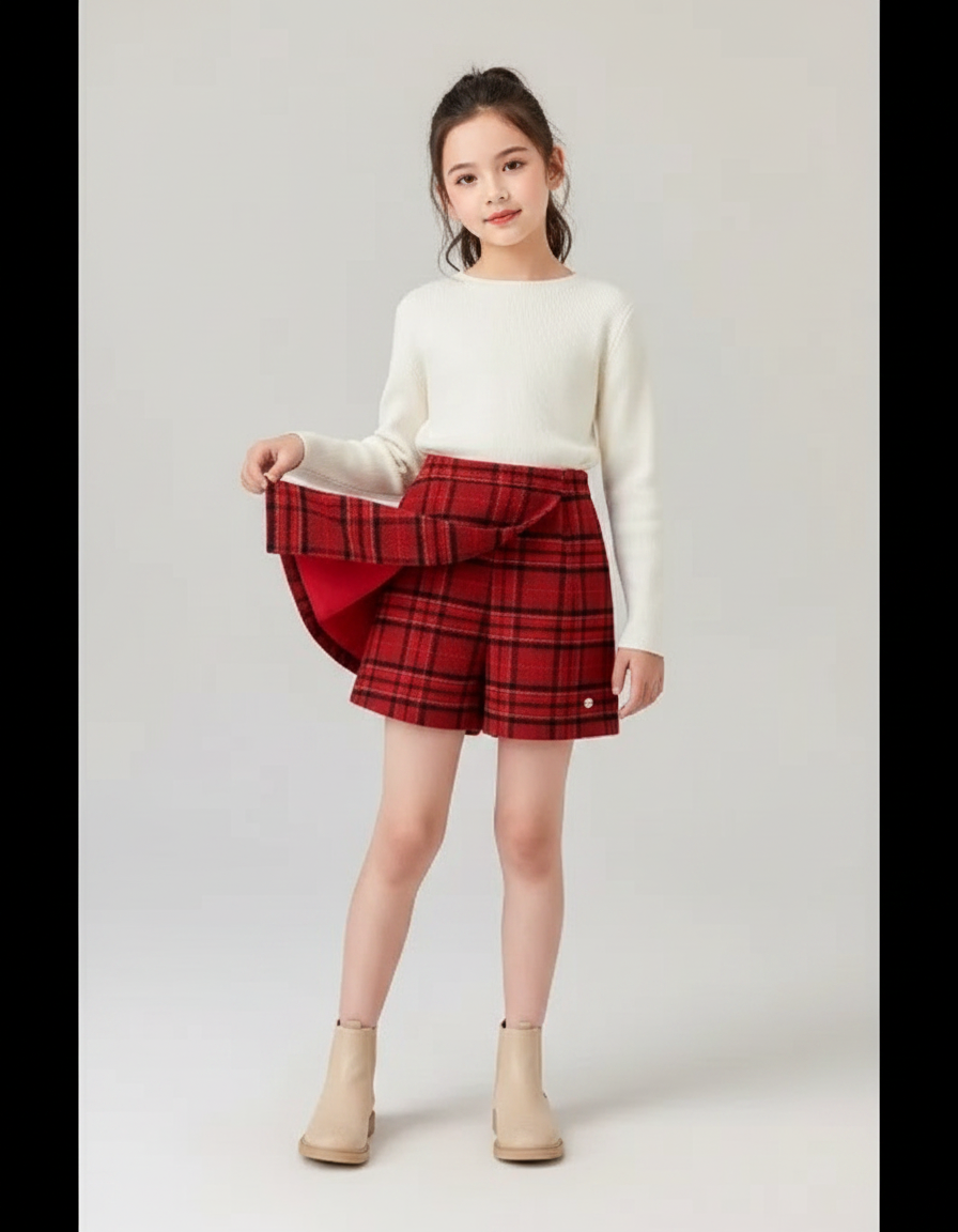 Pantalon Jupe Écossais Rouge Fille Hiver Élégant - Laine
