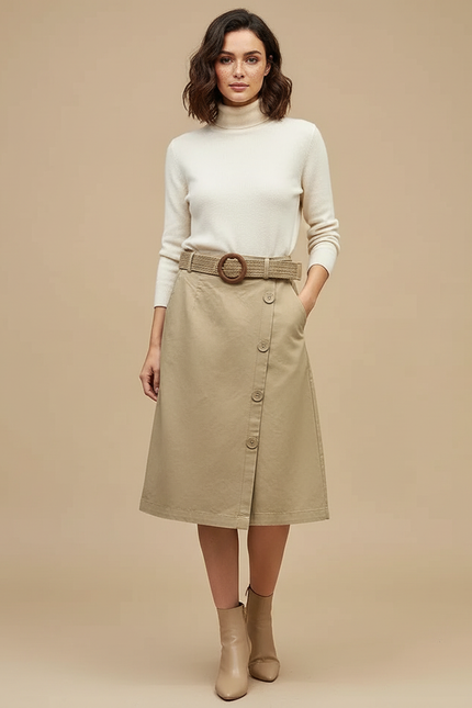 Pantalon Jupe Coton Beige Boutonné Ceinturé Élégant