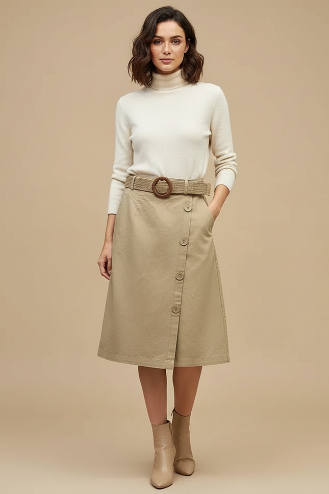 Pantalon Jupe Coton Beige Boutonné Ceinturé Élégant