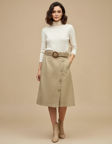 Pantalon Jupe Coton Beige Boutonné Ceinturé Élégant