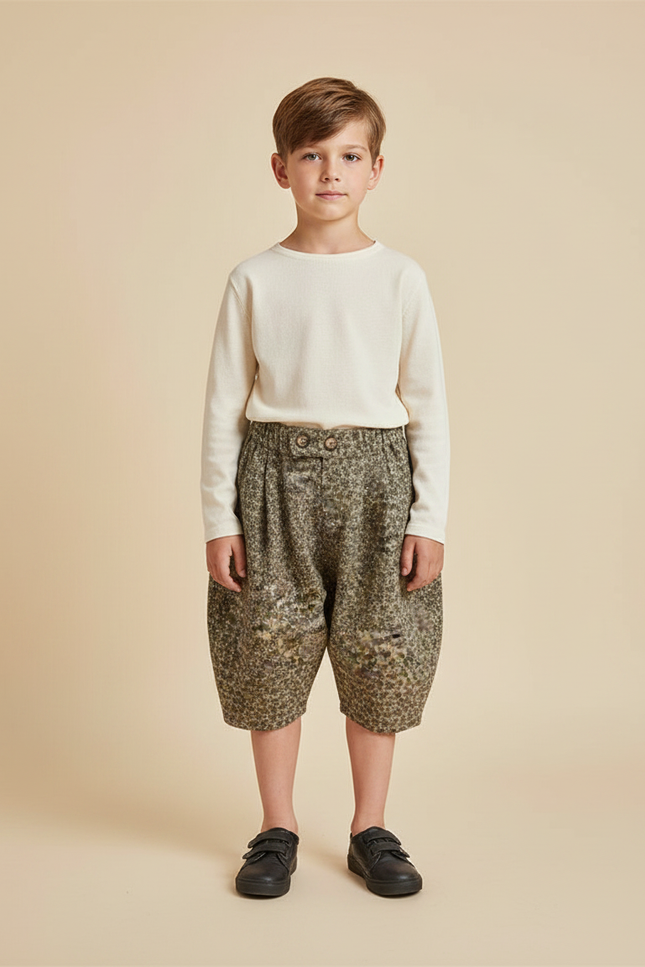 Pantalon Jupe Fleuri Ample Élastique Enfant Vert - Tweed