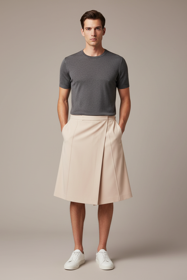 Pantalon Jupe Beige Plissé Drapé Homme Moderne - Gabardine