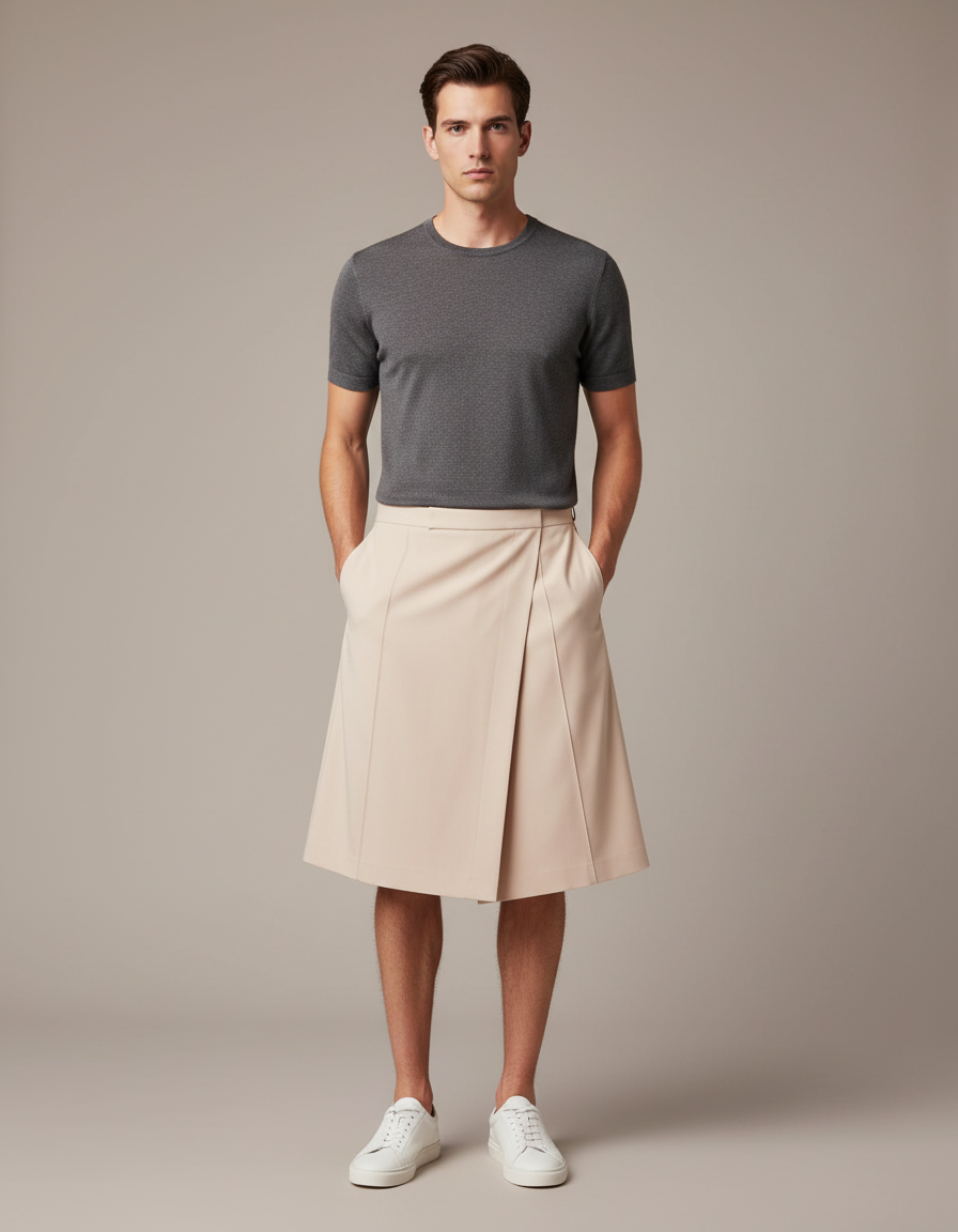 Pantalon Jupe Beige Plissé Drapé Homme Moderne - Gabardine