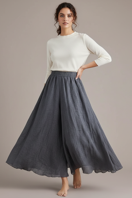 Pantalon Jupe Gris Ample Lin Fluide Femme