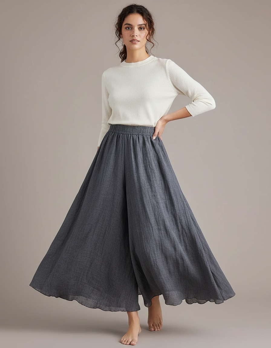 Pantalon Jupe Gris Ample Lin Fluide Femme