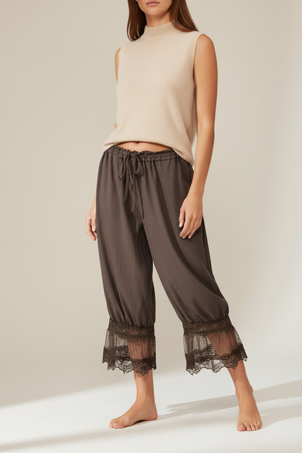 Pantalon Jupe Marron Ample Dentelle Bohème - Lin