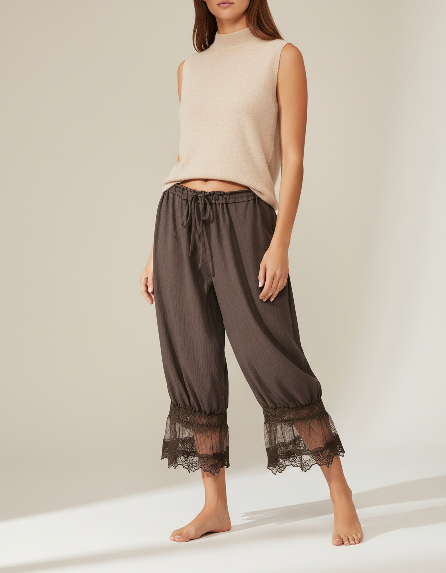 Pantalon Jupe Marron Ample Dentelle Bohème - Lin