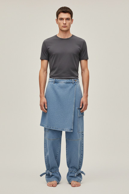 Pantalon Jupe Jean Bleu Cargo Ample Déstructuré