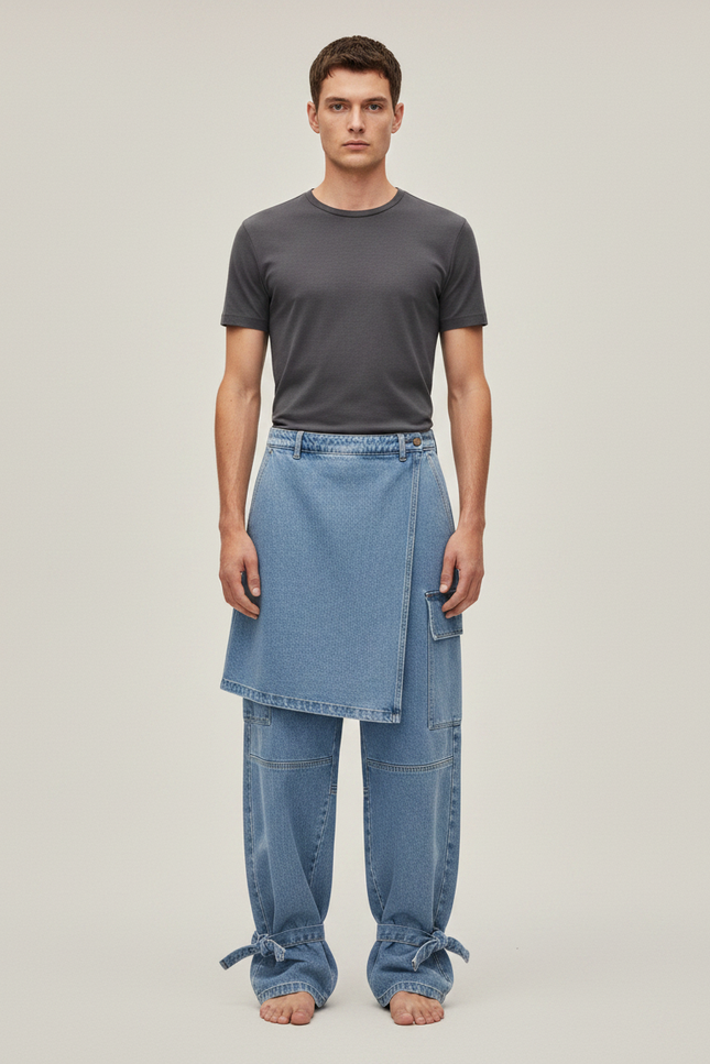 Pantalon Jupe Jean Bleu Cargo Ample Déstructuré
