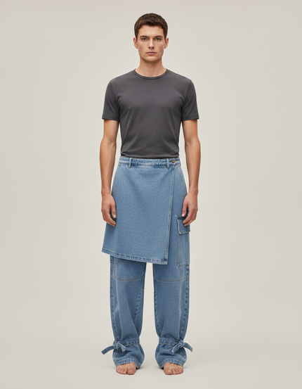 Pantalon Jupe Jean Bleu Cargo Ample Déstructuré