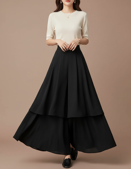 Pantalon Jupe Noir Ample Fluide Superposé Élégant - Polyester