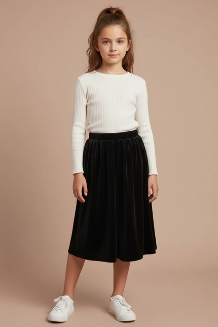 Pantalon Jupe Noir Velours Plissé Enfant