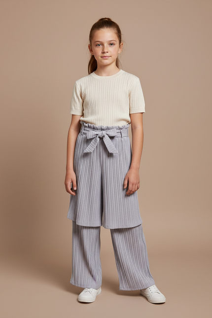Pantalon Jupe Gris Plissé Superposé Confortable Fille - Maille