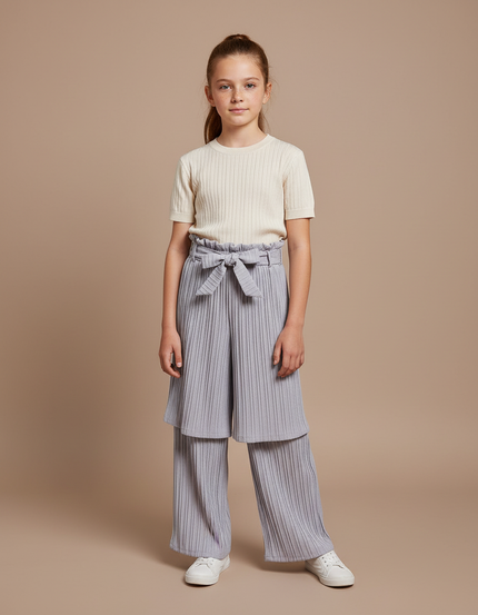 Pantalon Jupe Gris Plissé Superposé Confortable Fille - Maille