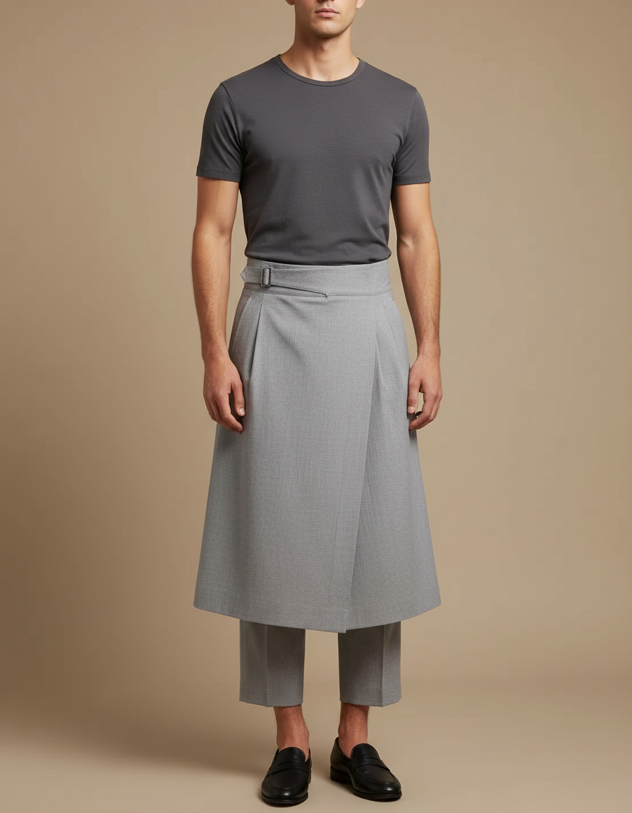 Pantalon Jupe Homme Gris Plissé Élégant Moderne - Gabardine