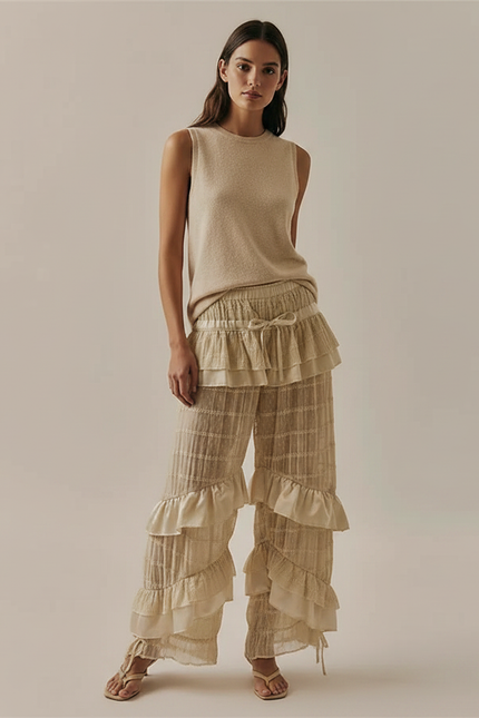 Pantalon Jupe Beige Plissé Volants Fluide Élégant - Maille