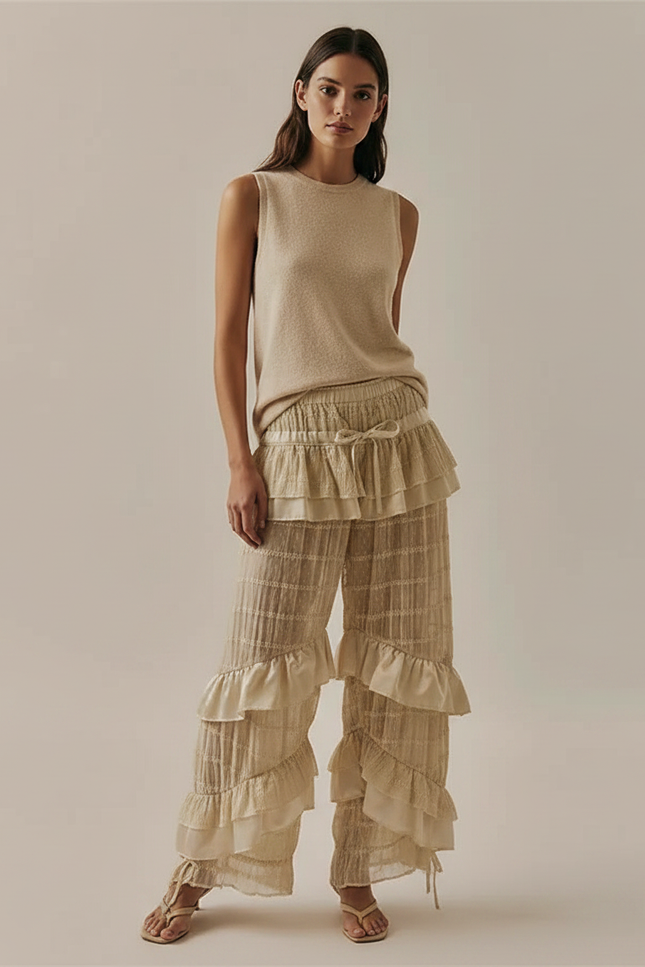 Pantalon Jupe Beige Plissé Volants Fluide Élégant - Maille