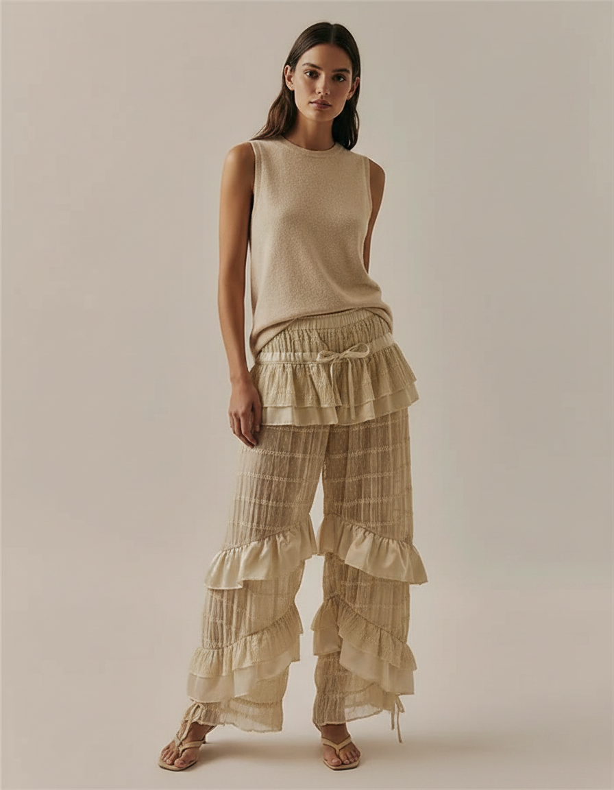 Pantalon Jupe Beige Plissé Volants Fluide Élégant - Maille