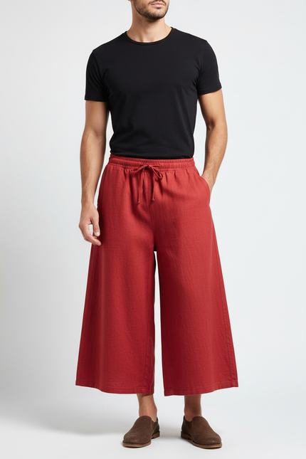 Pantalon Jupe Rouge Ample Lin Décontracté Homme