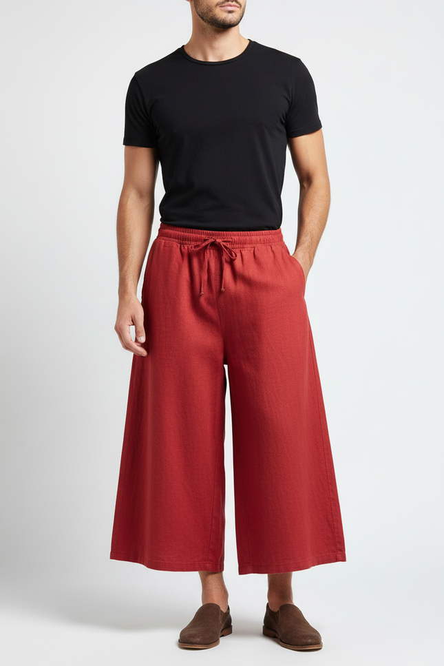 Pantalon Jupe Rouge Ample Lin Décontracté Homme