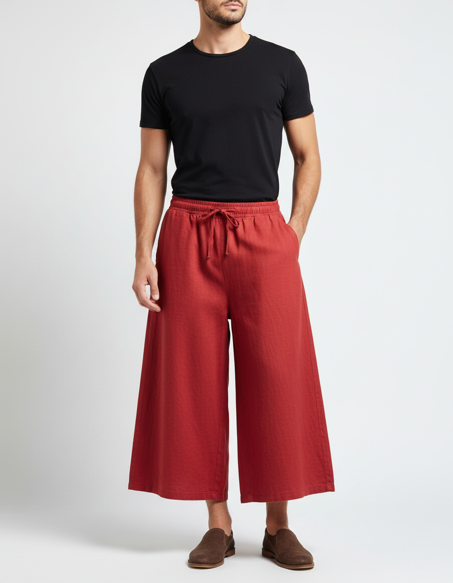 Pantalon Jupe Rouge Ample Lin Décontracté Homme