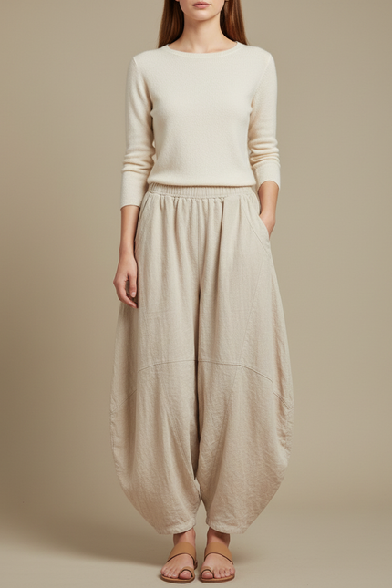 Pantalon Jupe Lin Ample Beige Confortable Élastique