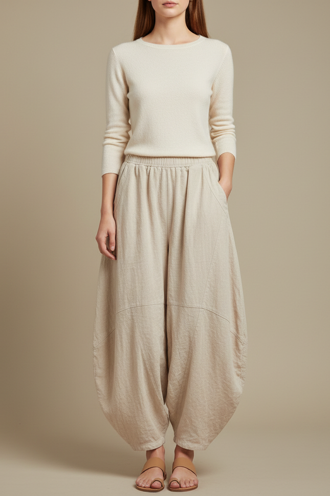 Pantalon Jupe Lin Ample Beige Confortable Élastique