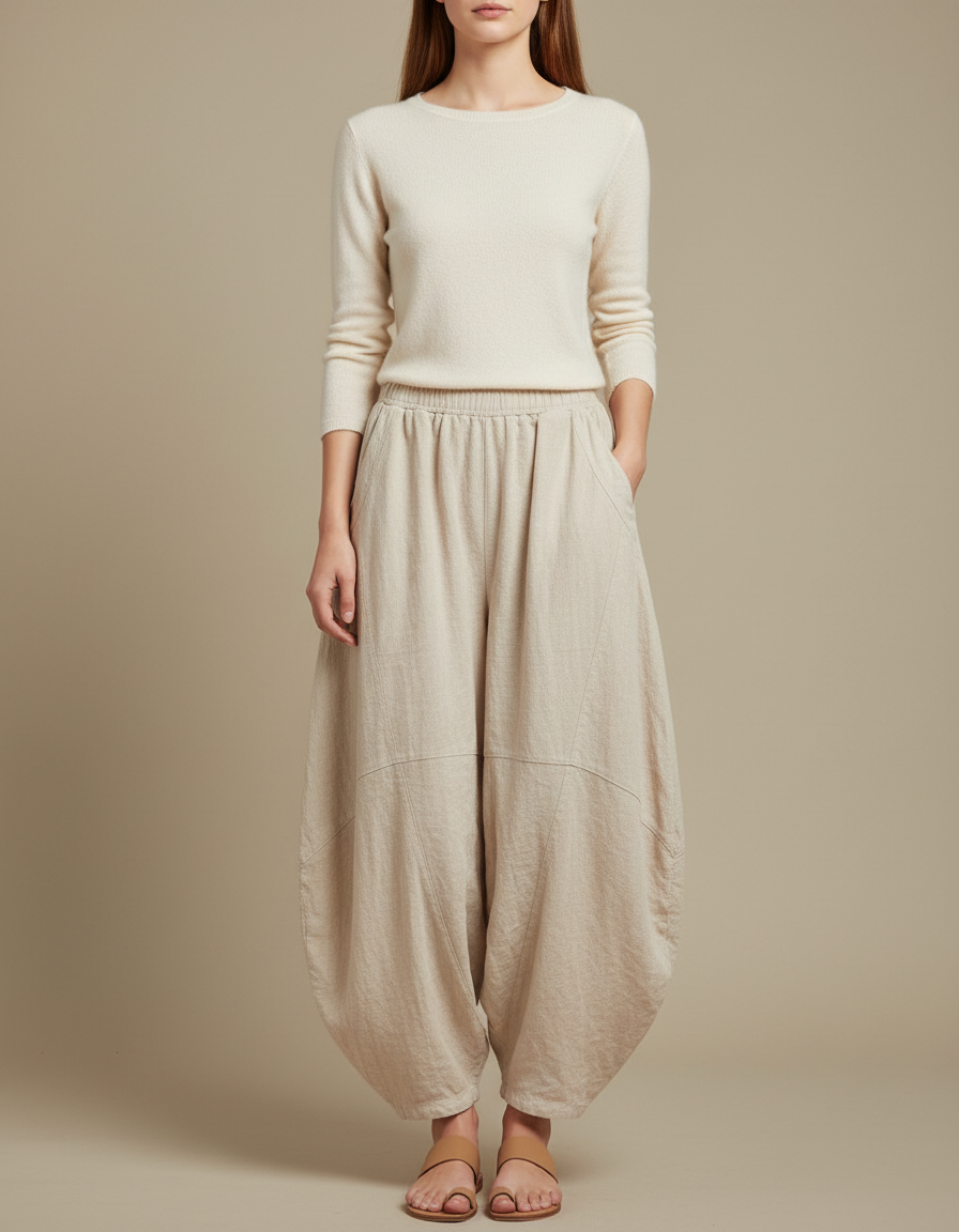Pantalon Jupe Lin Ample Beige Confortable Élastique
