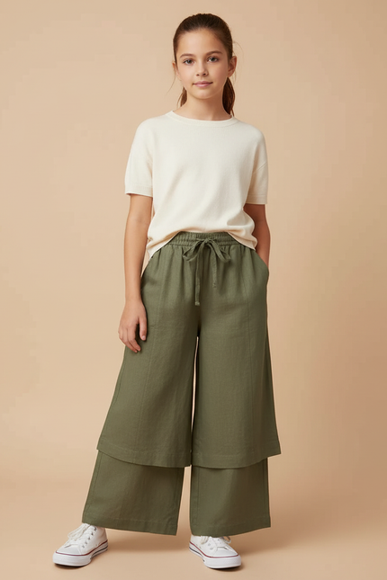 Pantalon Jupe Vert Kaki Lin Ample Superposé Fille