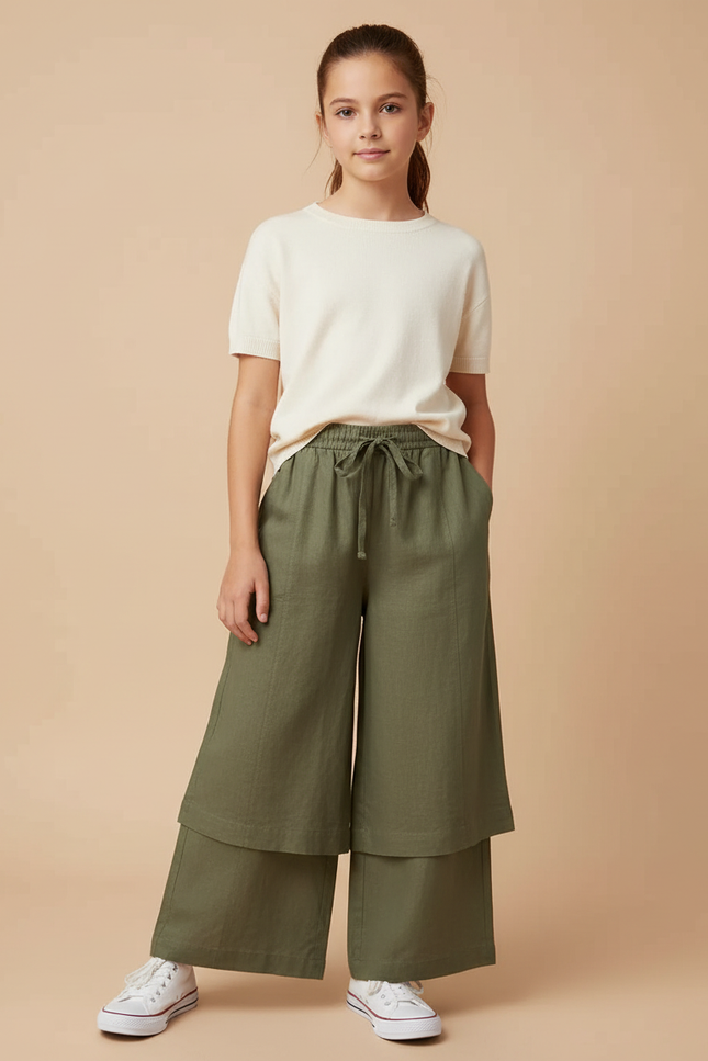 Pantalon Jupe Vert Kaki Lin Ample Superposé Fille