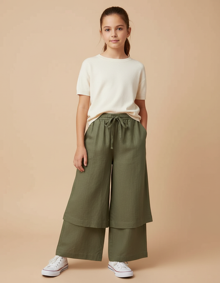 Pantalon Jupe Vert Kaki Lin Ample Superposé Fille