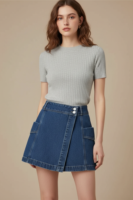 Pantalon Jupe Denim Bleu Irrégulier Taille Haute - Jean