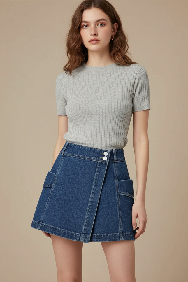 Pantalon Jupe Denim Bleu Irrégulier Taille Haute - Jean