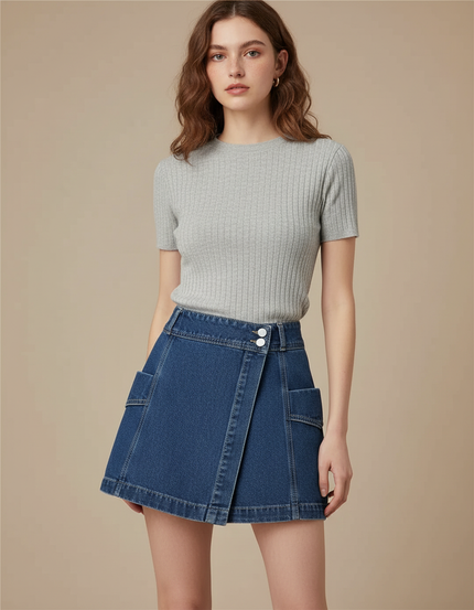 Pantalon Jupe Denim Bleu Irrégulier Taille Haute - Jean