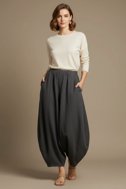 Pantalon Jupe Ample Coton Lin Élégant Gris Femme