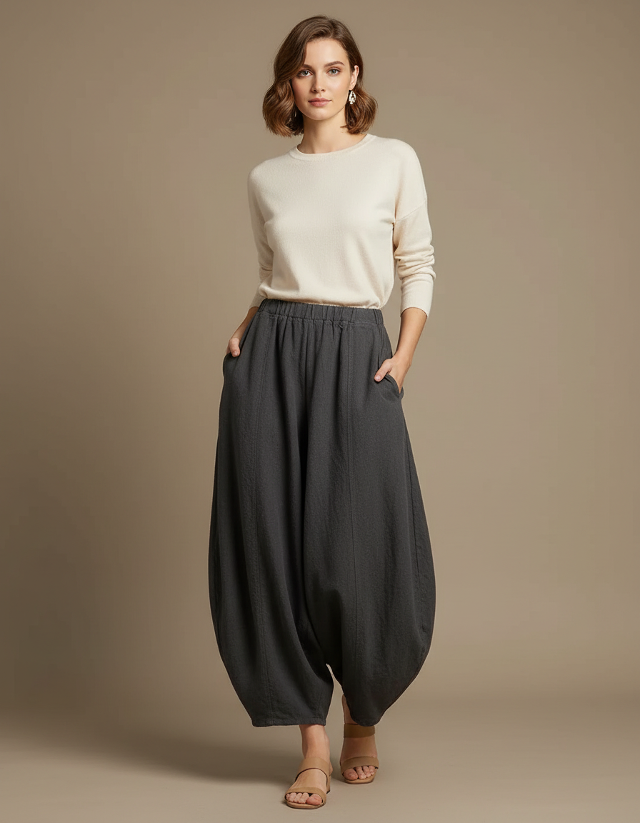 Pantalon Jupe Ample Coton Lin Élégant Gris Femme