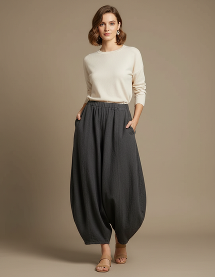 Pantalon Jupe Ample Coton Lin Élégant Gris Femme